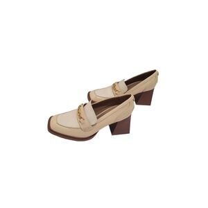 Sam Edelman Ivory Leather Block Heel Loafers With Gold Chain Detail Size 8